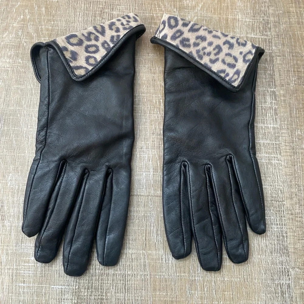 Black Genuine Leather Leopard Trim Gloves Fleece Lined Warm Winter Womens Small